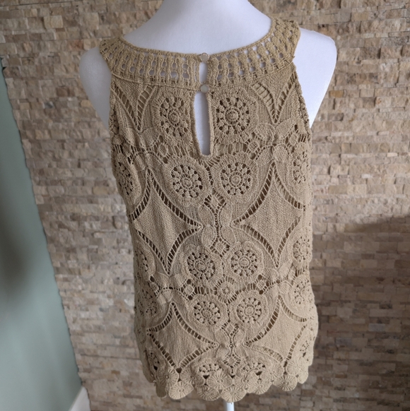 Boho Coastal Tan Beige Crochet Lace Medallion Sleeveless Tank Top Blouse XS - Picture 3 of 11